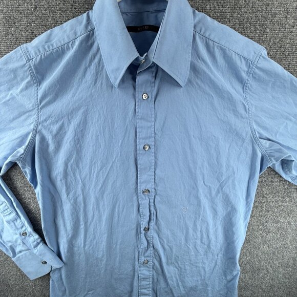 Gucci Italy Made Button Up Shirt Blue 40 (15.75) Long Sleeve Cotton Cursive Logo - Picture 1 of 16